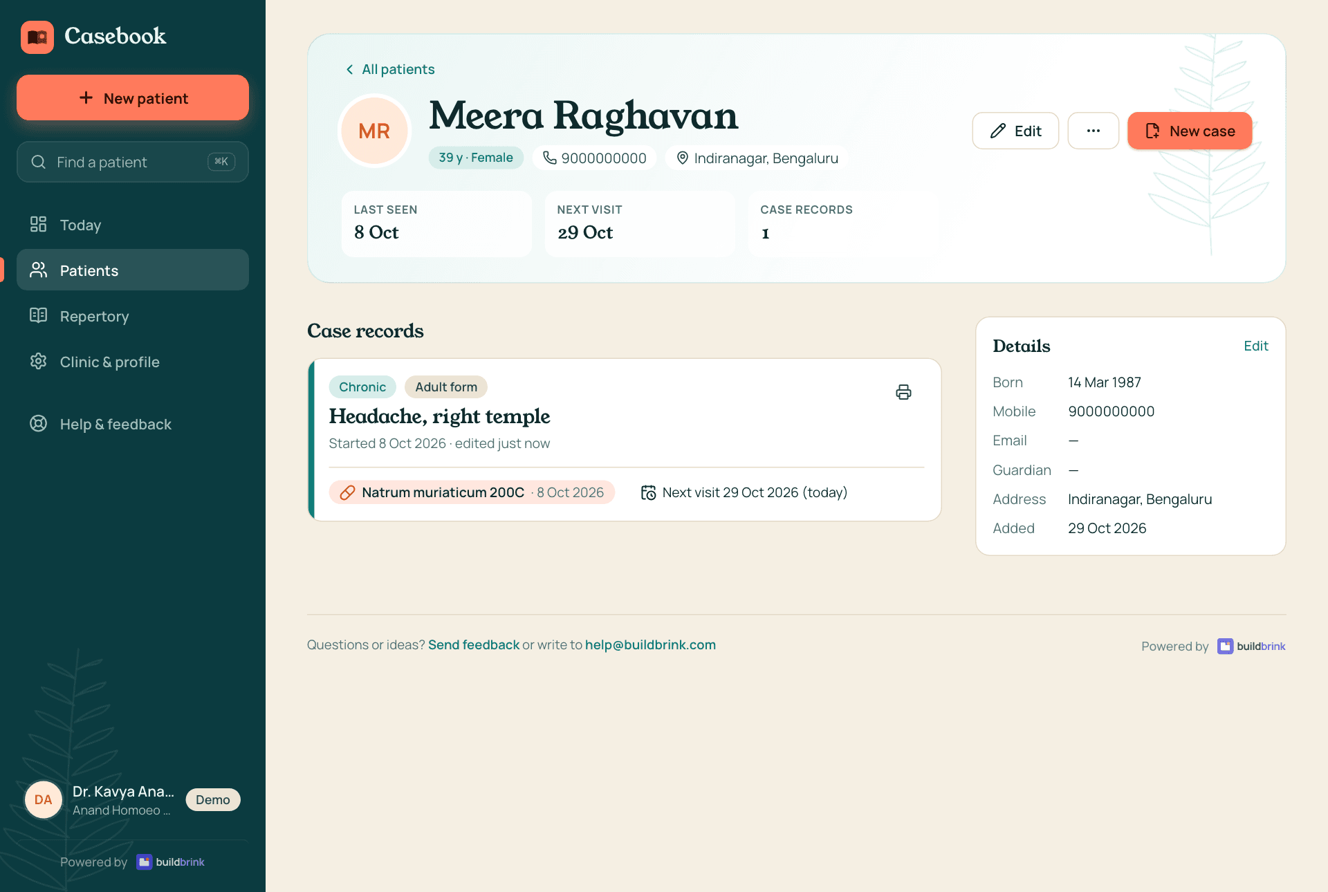 A patient's profile with their cases and visits