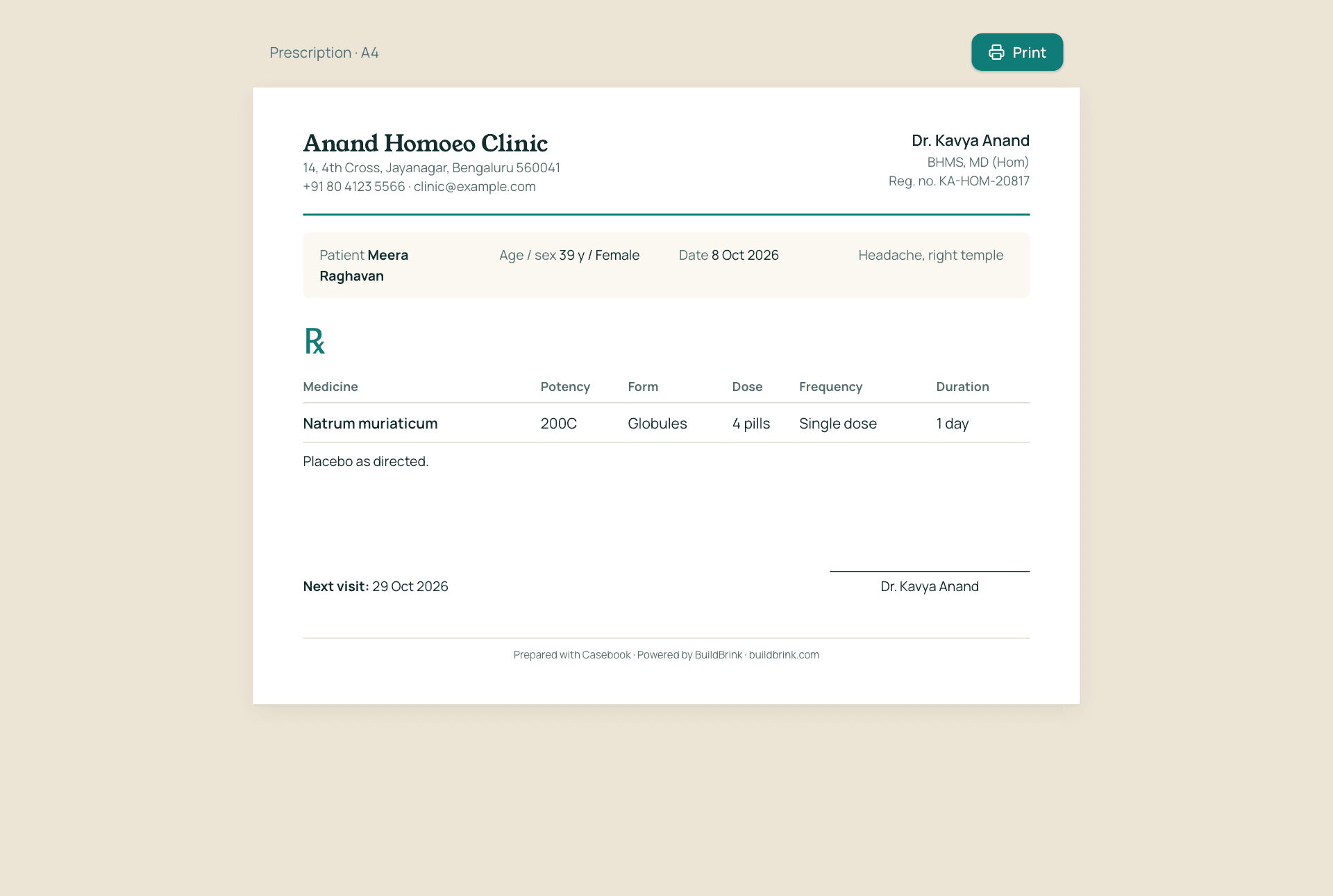 A printable prescription with the clinic letterhead